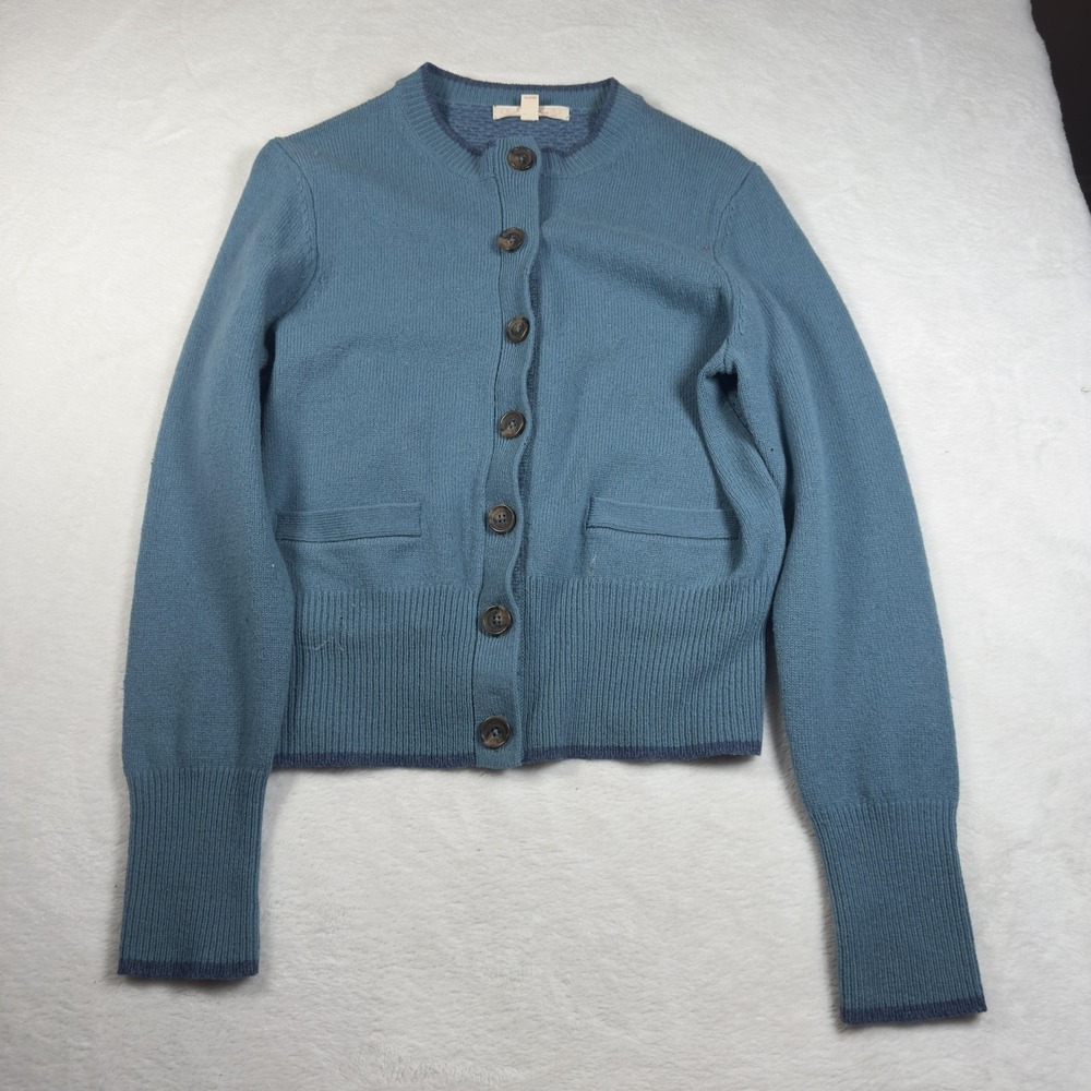 Brooks Brothers Sweater Womens Large Blue 100% Wool Waffle Knit Cardigan Pockets